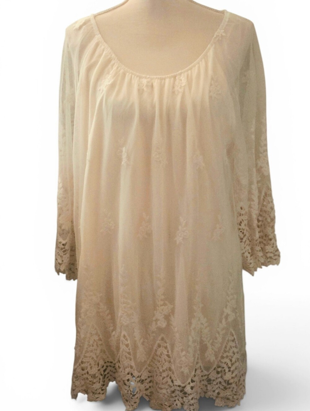 CALSTYLE  Cream Lace-Trim Peasant Tunic Dress/Top